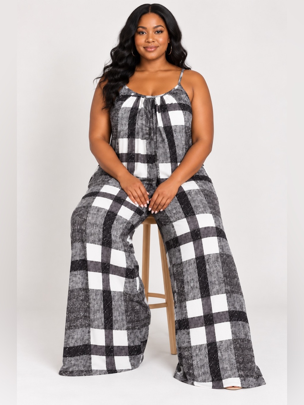 Gray Black White Plaid Spaghetti Strap Wide Leg Jumpsuit XL